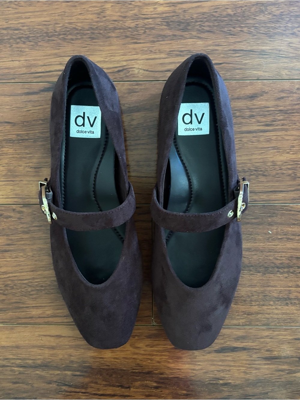 Dolce Vita Meybal Brown Suede Mary Jane Flats with Gold Buckles New in Box